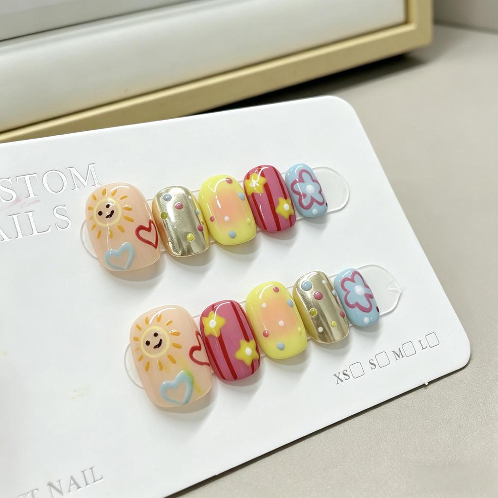 10Pcs Handmade Sunflower Press On Nails Short Oval Colorful Polka Dots Stars Fake Nail Art For Women And Girls