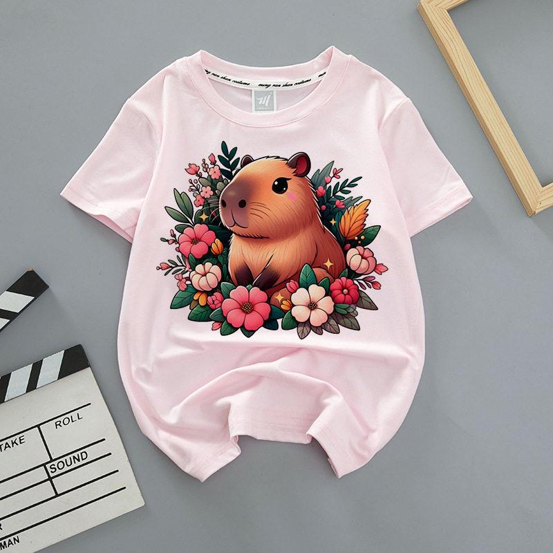 Capybara Summer Childrens Wear Shortsleeved Capybara Cute Childrens Roundneck Pink Trendy Brand Breathable Tshirt