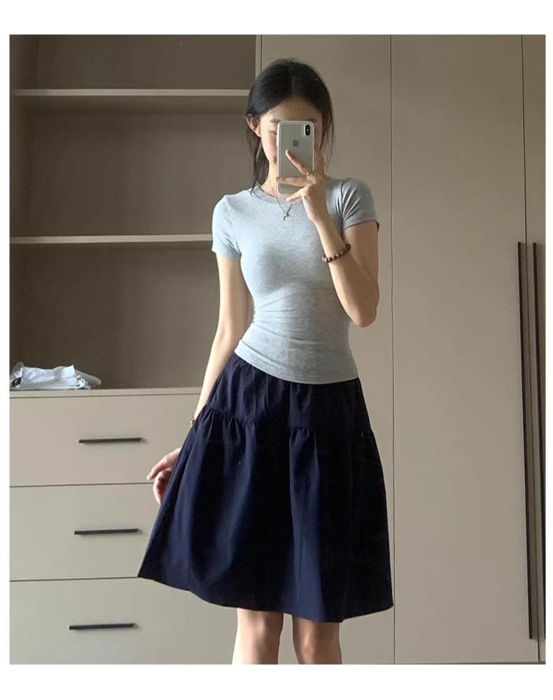 Jupe Midi Trapèze Style Preppy Bleu Marine - Taille Haute Rétro pour Printemps/Été 2025