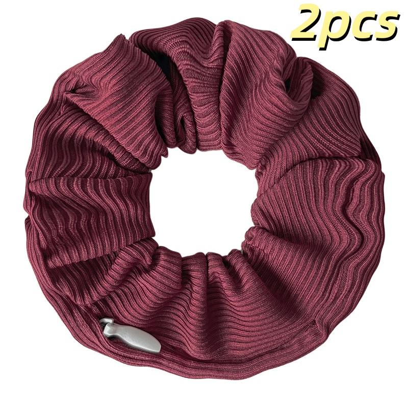 2Pcs Striped Knitted Fabric Solid Color Hair Band Hair Scrunchies With Pocket Zipper For Girls Ponytail Holder Bands