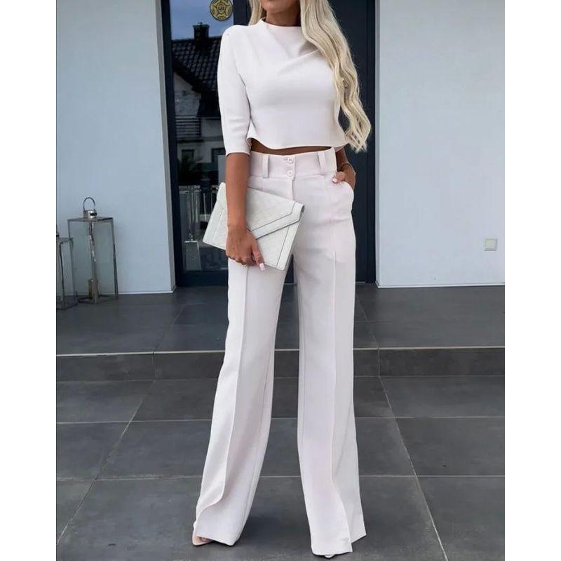Crop Cropped Top Wide-Leg Pant Suit Crop-Top Short Top Loose Pants Two-piece Set