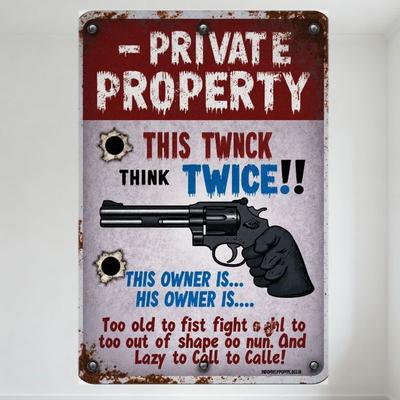Vintage Rustic Private Property Metal Tin Sign with Bullet Holes, Revolver, Fist Fight Text - for Man Cave Bar Home Decor