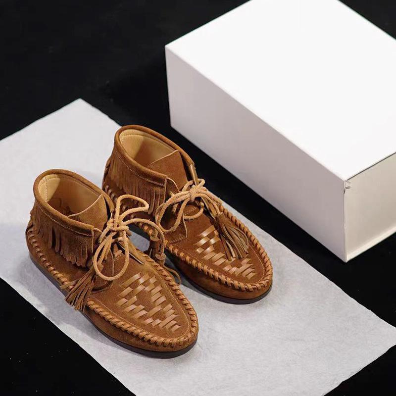 High-end Autumn and Winter New Martin Boots Round Head Retro Flat Bottom Strap Low Tube Versatile Breathable Soft Bottom Fringed Boots