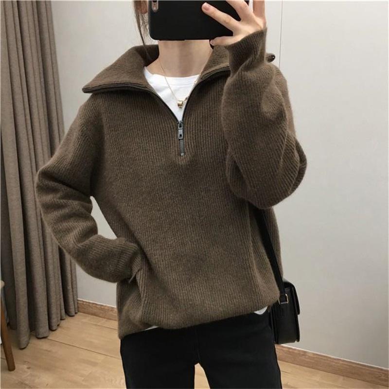 Harajuku Solid Color Polo Neck Zipper Women's Sweater Autumn Winter Casual Loose Knitted Sweaters Tops Women Thicken Pullover