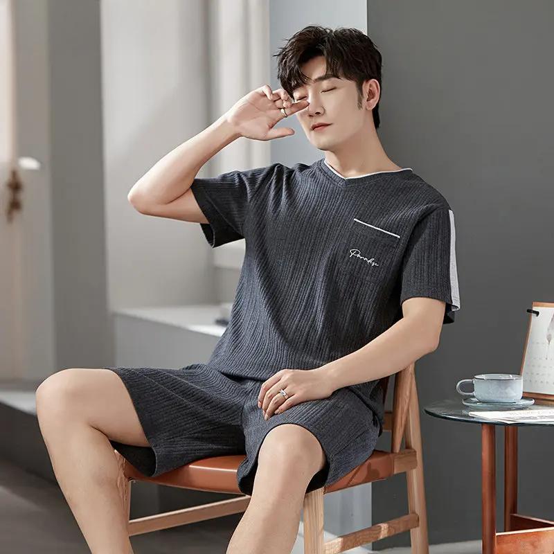 

Мужская модальная классная пижама комплект летняя с коротким рукавом клетчатые шорты хлопок домашняя одежда пижама для джентльмена одежда для сна L for 55-65kg