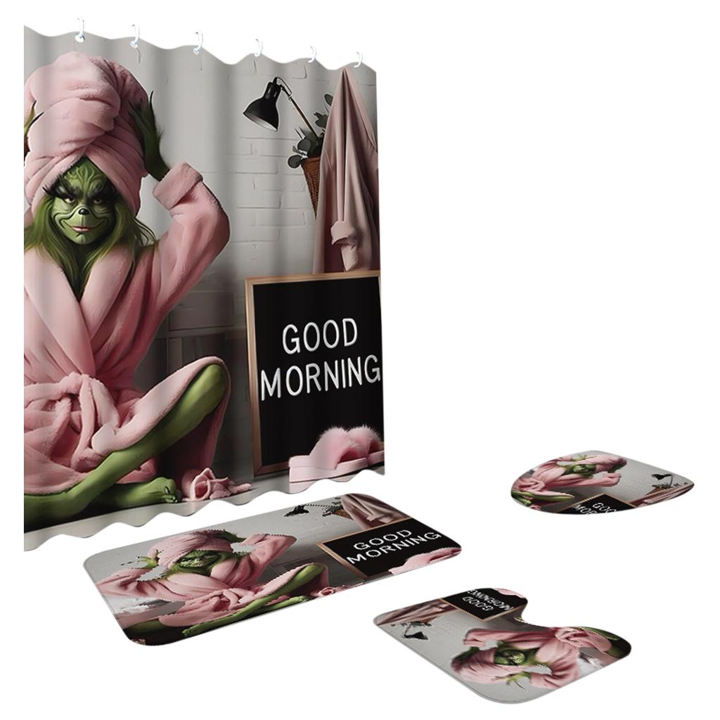Greentown Series Shower Curtain Floor Mat Four Piece Set, Home Bathroom Dry Wet Separation Partition Shower Curtain Waterproof Shower Curtain