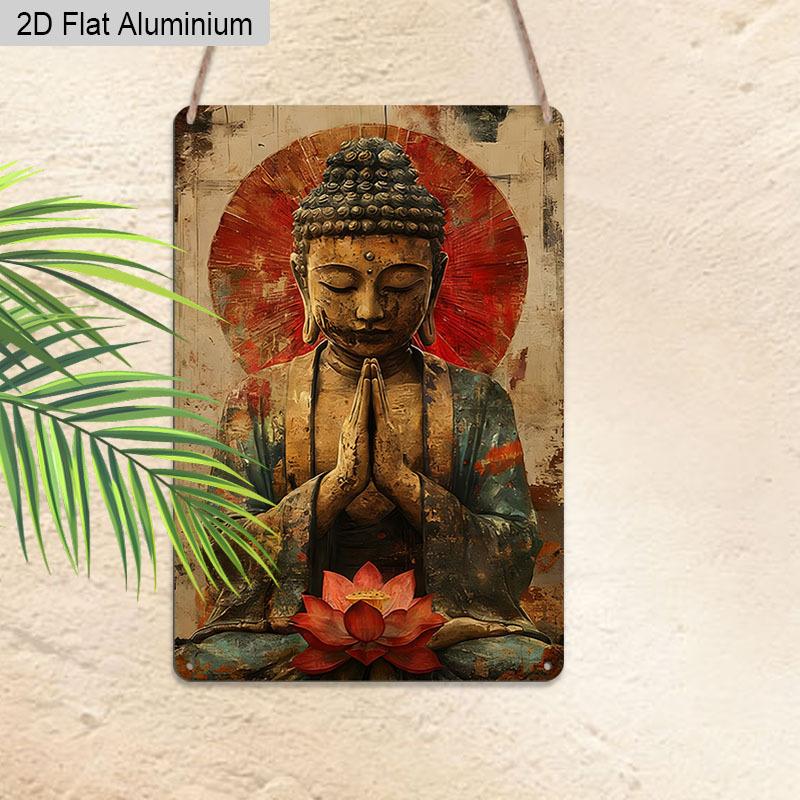 2D Flat, 1pc Vintage Spiritual Aluminium Wall Art Sign "Serene Buddha with Lotus"- 8"x12" Aluminium Rustic Home Decor, Meditation Room & Yoga Studio