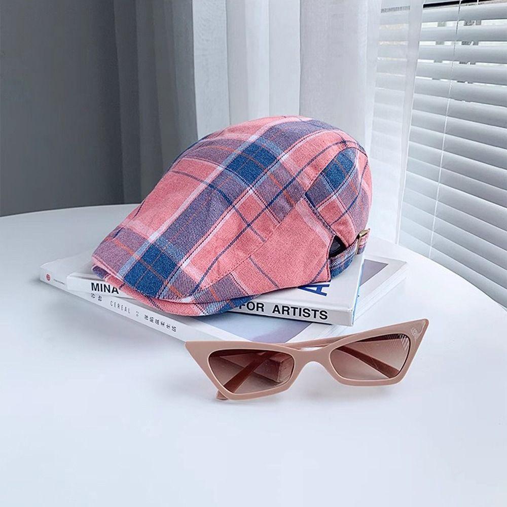 Cotton Plaid Beret Hat Dopamine Style Flat Peaked Cap Elegant Lattice Sun Hat Streetwear