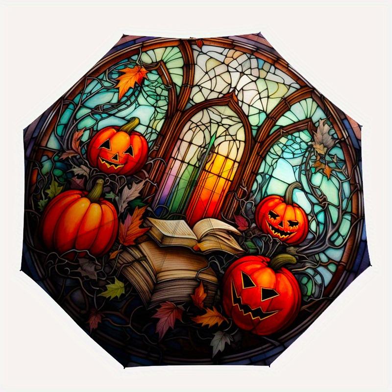 Halloween Stained Window Panel with Pumpkins and BooksUmbrella, Portable 3-Fold Compact Umbrella,Christmas Gift ES464