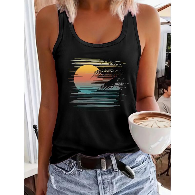 Coconut Tree & Sunrise Print Women's Casual Round-neck Sleeveless Graphic V-Neck Top, Summer Fashion Women's Wear