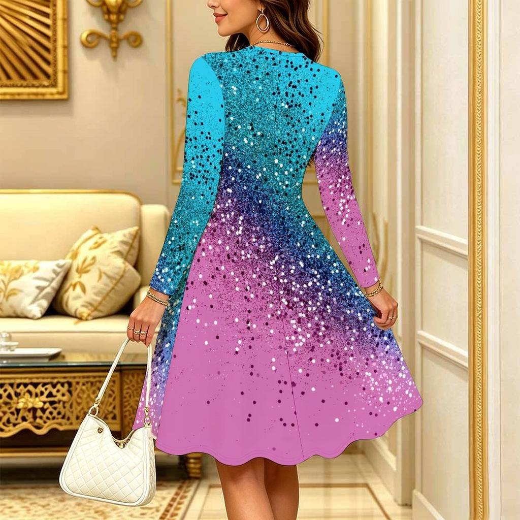 Women Long Sleeve Round Neck Midi Dress Boho Tie Dye Star Floral Dot Print Flared Casual Dress