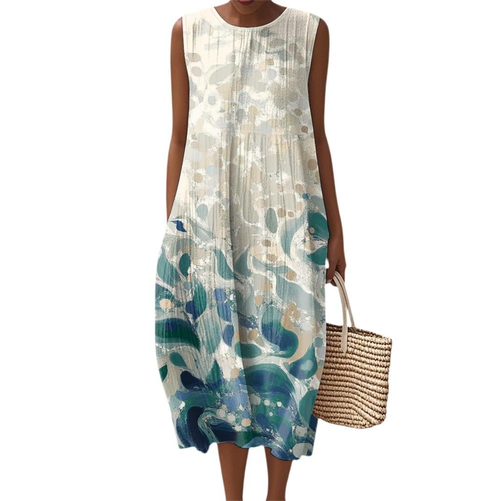 Women's Fashion Casual Sleeveless Round Neck Floral Elegant Temperament Dress