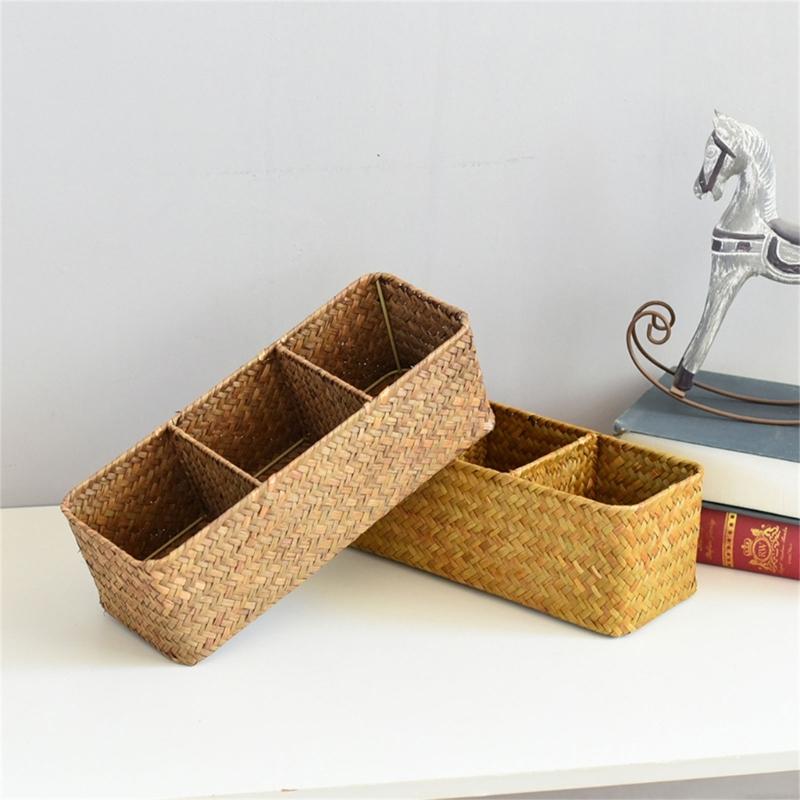Storage Basket Sea Grass Stationery and Makeup Box Desktop Organizer Box with Compartments for Office and Home Use