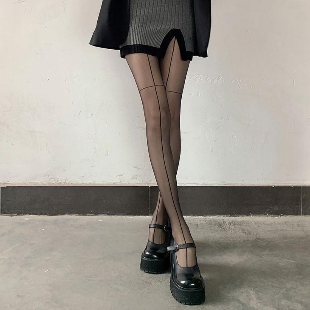 Calze Nere Sexy in Seta con Gambe a Gamberetto Davanti e Dietro, Calze con Fondo Incrociato, Sottili e Ultra-sottili