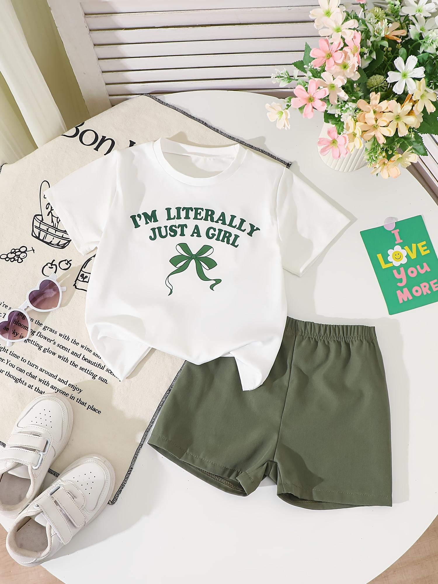 Kids Girls Summer Clothes Short Sleeve T Shirt and Shorts Set Bow Letter Print Casual Outfit 4Y