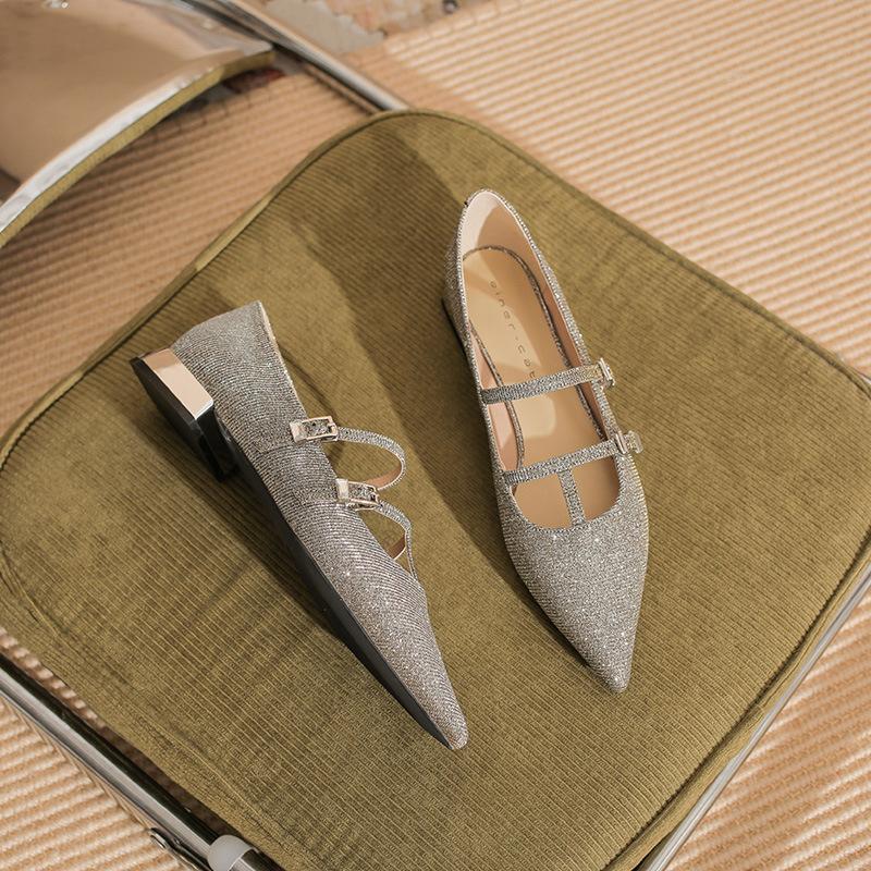 

29819 [sheepskin] flat shoes women s thick heel 2025 new pointed gradual change Mary Jane shallow temperament single shoes 35