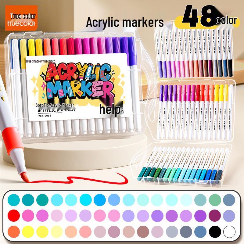 True Color Soft Tip Acrylic Marker Pen, Small Square Barrel, Black Box, No Bleed, Layerable, Ideal for Children's Art and Newspaper Painting.
