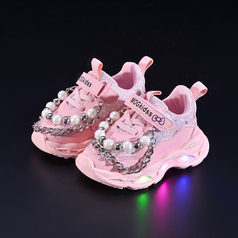 2025 Spring/Autumn Girls' LED Light-Up Pearl Chain Princess Sneakers with Soft Soles