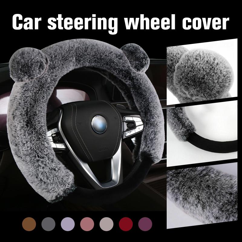 Universal Steering Wheel Cover Cartoon Cute Ear Shape Soft Faux Rabbit Fur Plush Winter Car Interior Styling for Women