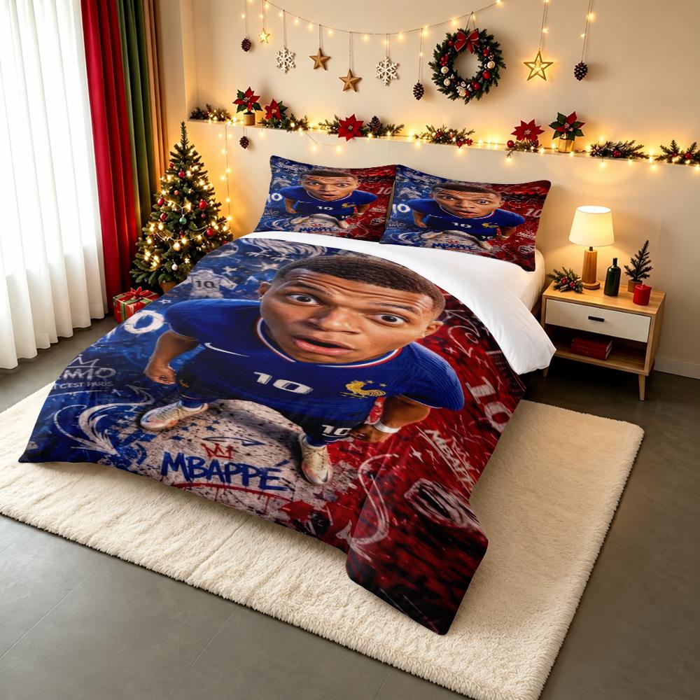 3 Piece Bedding Set with Duvet Cover and 2 Pillowcases - Kylian Mbappe France Graffiti Surprised Face Print - Blue Red Soccer Decor for Fans