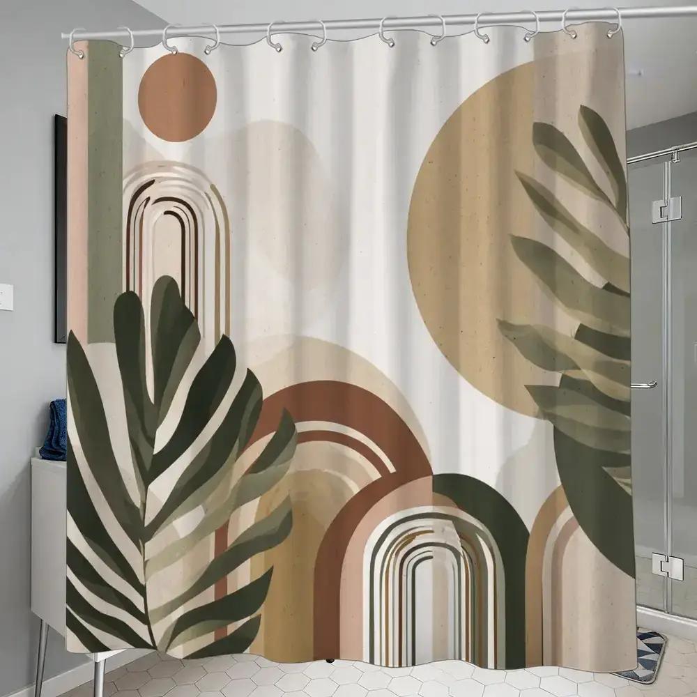 

Abstract Botanical Minimalist Shower Curtain With 12 Hooks 70.87X70.87 Inch Mid-Century Modern Bathroom Decor W60H190(CM)-1 Pcs