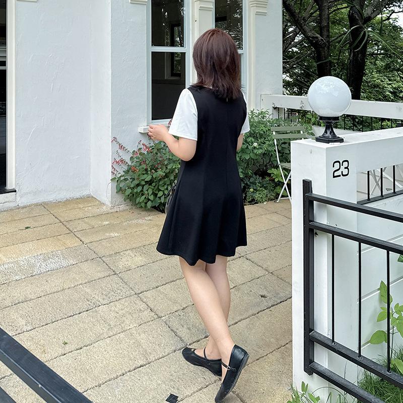 Large Size Women's Clothing Long and Short Contrasting Color Dress, Summer New Waist and Thin Small Black Dress 252498