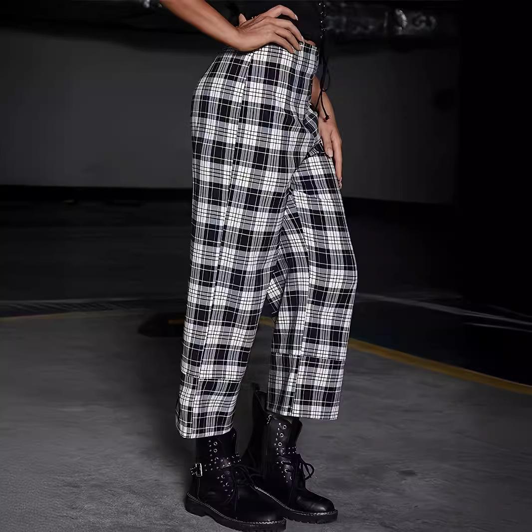 

Женские брюки больших размеров с высокой талией, широкие брюки в клетку, свободные повседневные брюки в черно-белую клетку XXXL черный белый