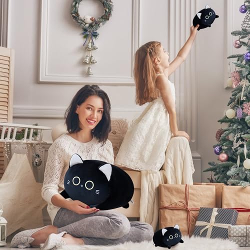 Cute Large Plush Cat Body Pillow - Featuring a Mother Cat and Her Four Kittens - Fluffy Black Cat Plush Toy, a Great Birthday Gift for Boys and Girls,