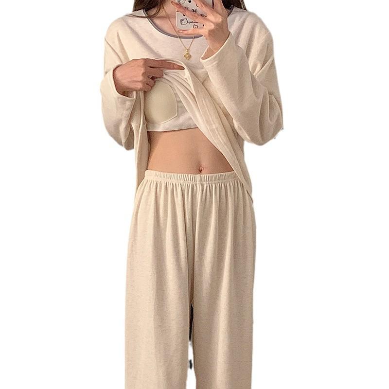 Women's Lamb Cashmere Pajamas with Built-in Bra, Cozy Long Sleeve Set for Fall/Winter