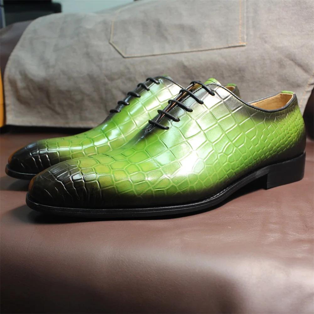FELIX CHU Men's Genuine Cow Leather Shoes Crocodile Print Business Green Dress Shoes Formal Wedding Footwear for Spring Autumn