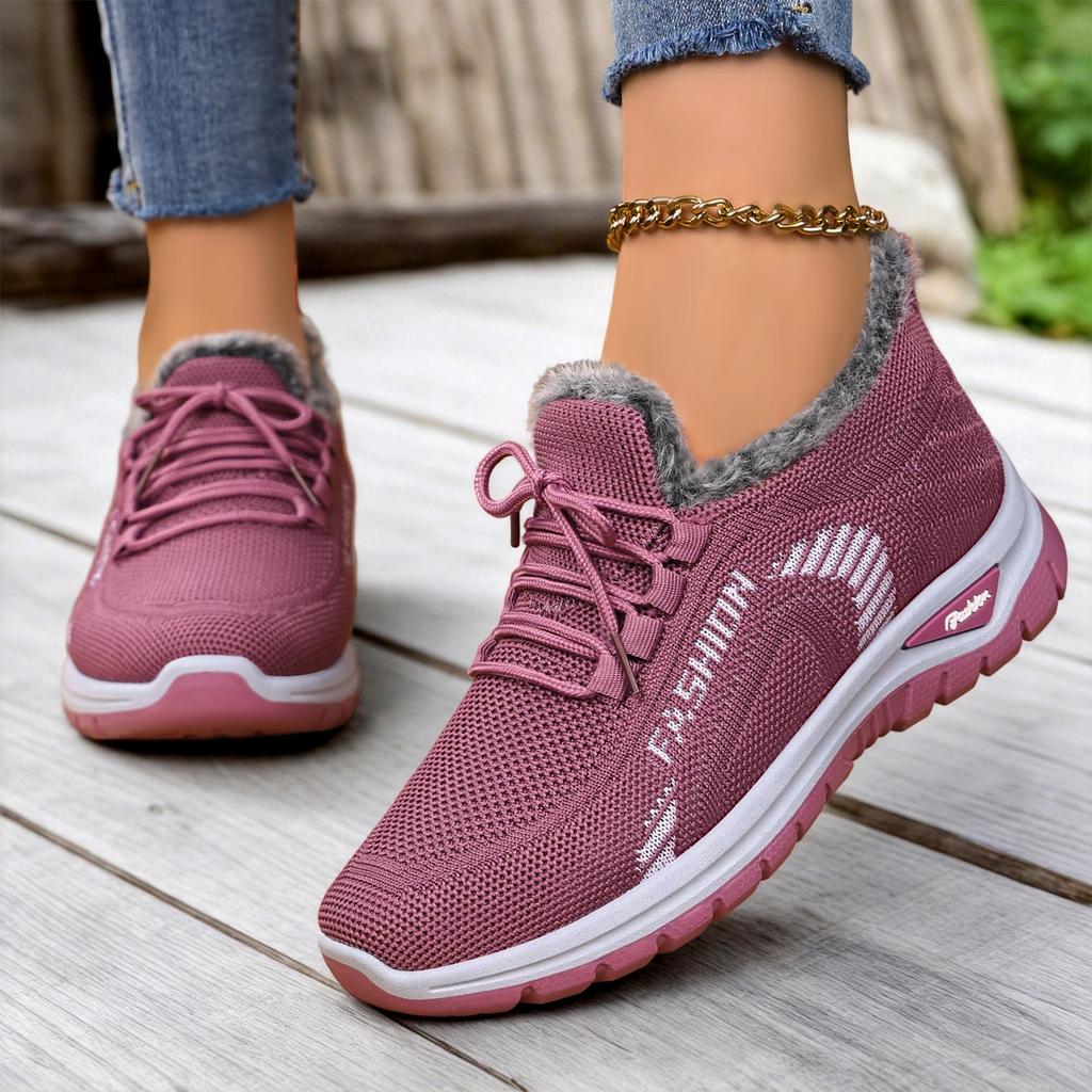 Women's Winter Snow Boots, Fuzzy Lined Plush Collar Knit Sneaker-Style Boots, Non-Slip Soft Sole Comfortable Shoes for Snowy Days