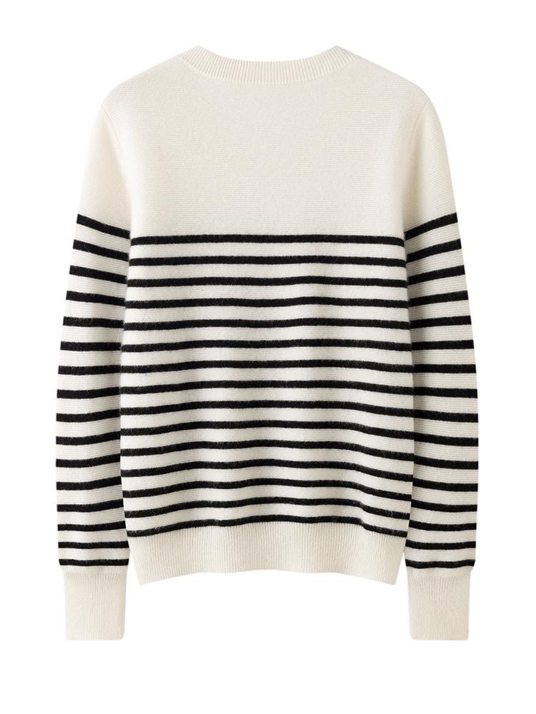 2025 Autumn/Winter Women's Color Block Stripe Cashmere Pullover Sweater - Round Neck, Long Sleeve Knitwear