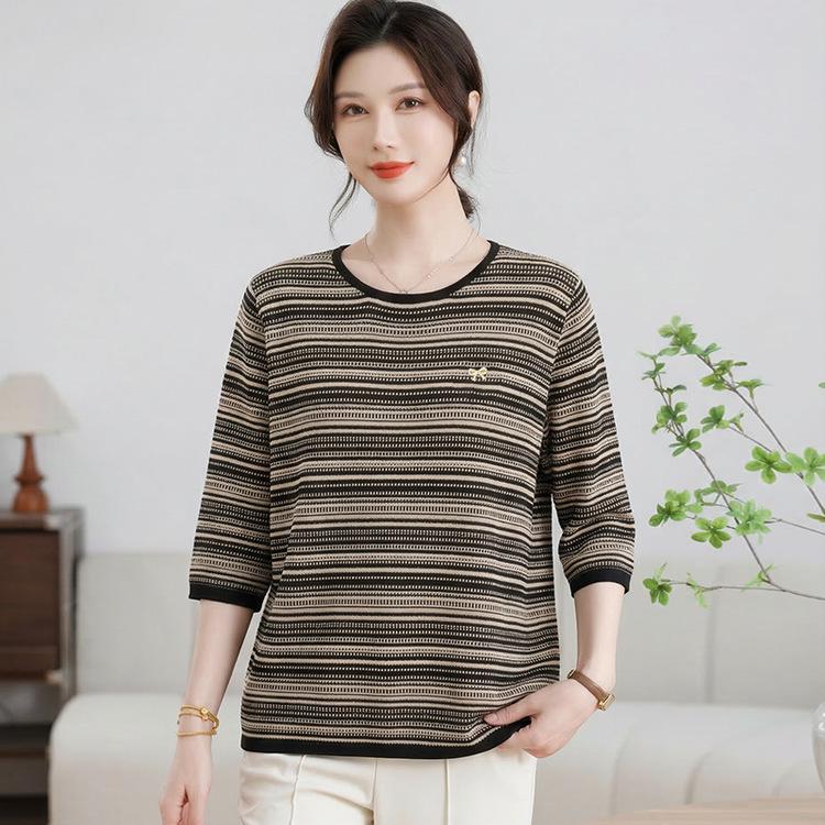 

Plus Size Striped Round Neck Maternity T-Shirt for Middle-Aged and Elderly Women - Simple, Comfortable, and Versatile for Commuting. M фиолетовый