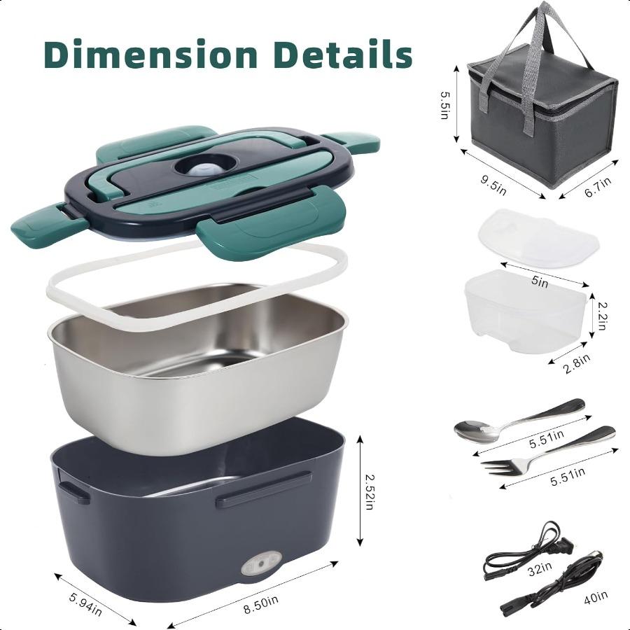 Electric Lunch Box Food Heater 80W Portable Warmer for Car Truck Work with 304 Stainl Steel Container 12V 24V 110V Green Heated