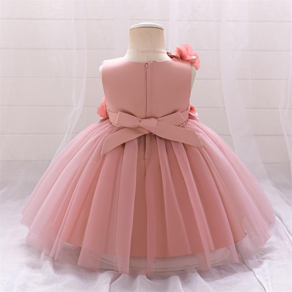 Toddler 3D Flower Girls Party Dresses Christmas Costume Red Wedding Ball Gown Tulle Bow 1st Birthday Princess Prom Girl Clothing