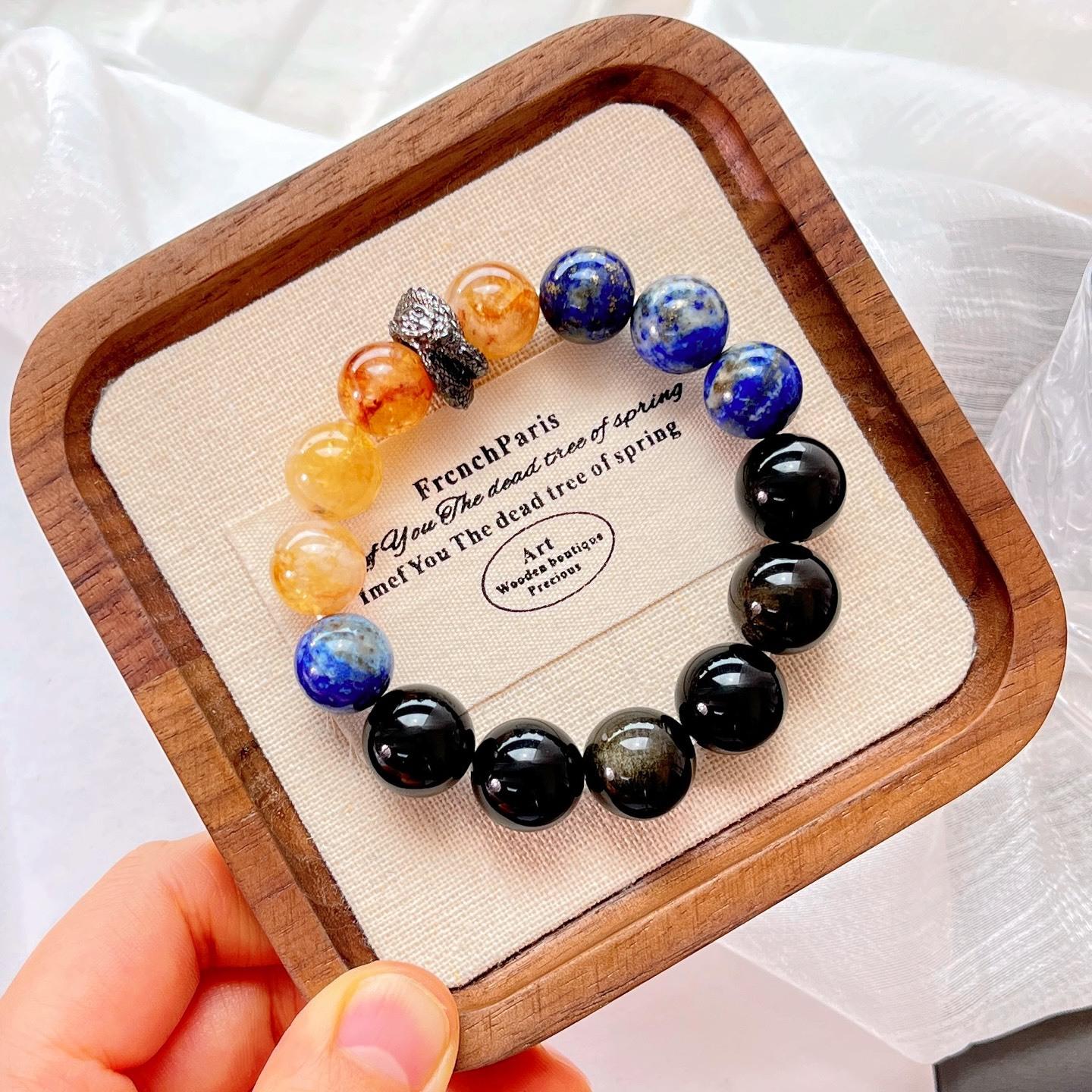 12Mm Design Natural Lapis Lazuli Citrine Obsidian Bracelet Bracelet