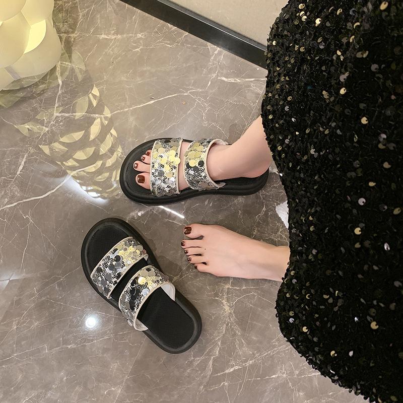 Ciabatte da Donna alla Moda con Paillettes Sandali da Spiaggia Estivi con Fondo Spesso a Punta Aperta Stile Coreano Leggere Comode Scarpe da Esterno