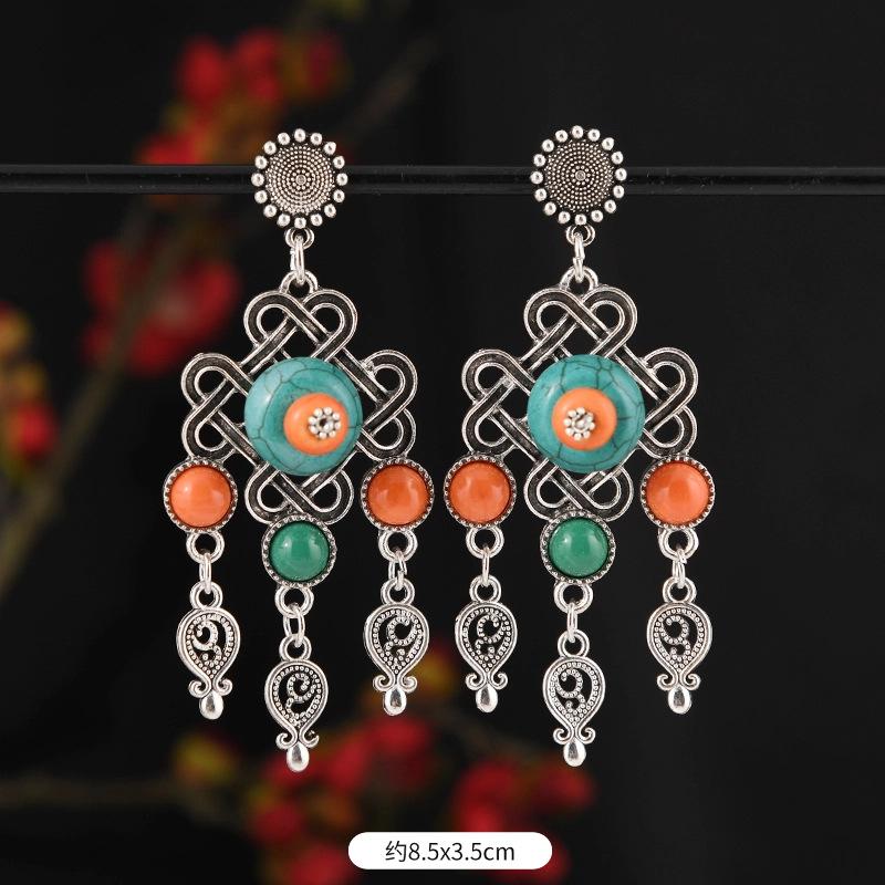 Mongolian minority stud earrings retro women's long tassel Tibetan silver earrings Tibetan exotic Chinese earrings