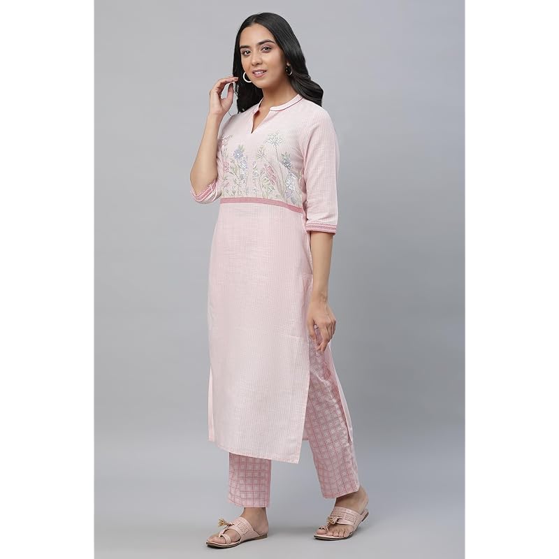 

Aurelia Pink Floral Printed Printed Cotton Straight Long Kurta XS ярко-розовый