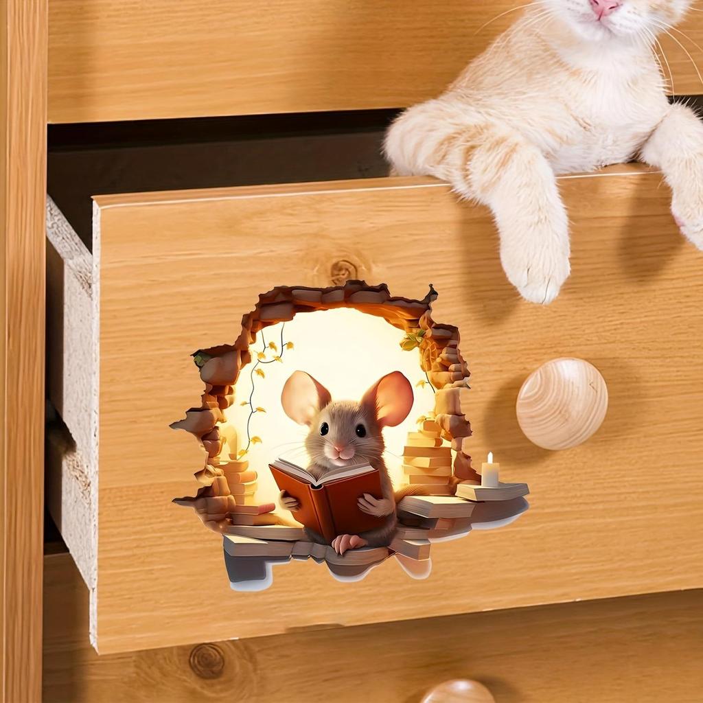 3D Realistischer Wandaufkleber „Lesebuch mit Maus“ – Abnehmbare Vinyl-Kunst für Wohnzimmer, Kinderzimmer, Schlafzimmer – Mattes Finish, selbstklebende Wohndekoration