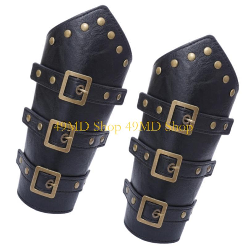 49MD 2pack Handmade Leather Wrist Bracers Durability PU Leather Steampunk Arm Cuffs