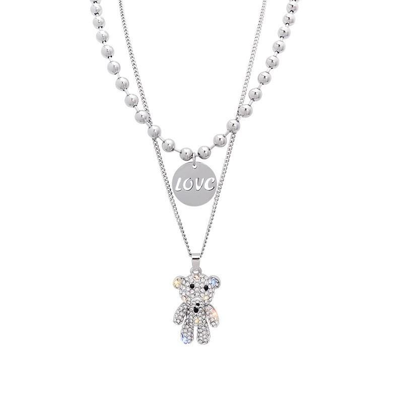 Double stacked bear LOVE necklace female niche design hip-hop temperament collarbone chain cool male tide chain accessories tide