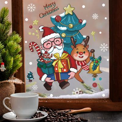 Painted Santa Elk Gift Box Home Atmosphere Decorative Glass Windows Window Stickers