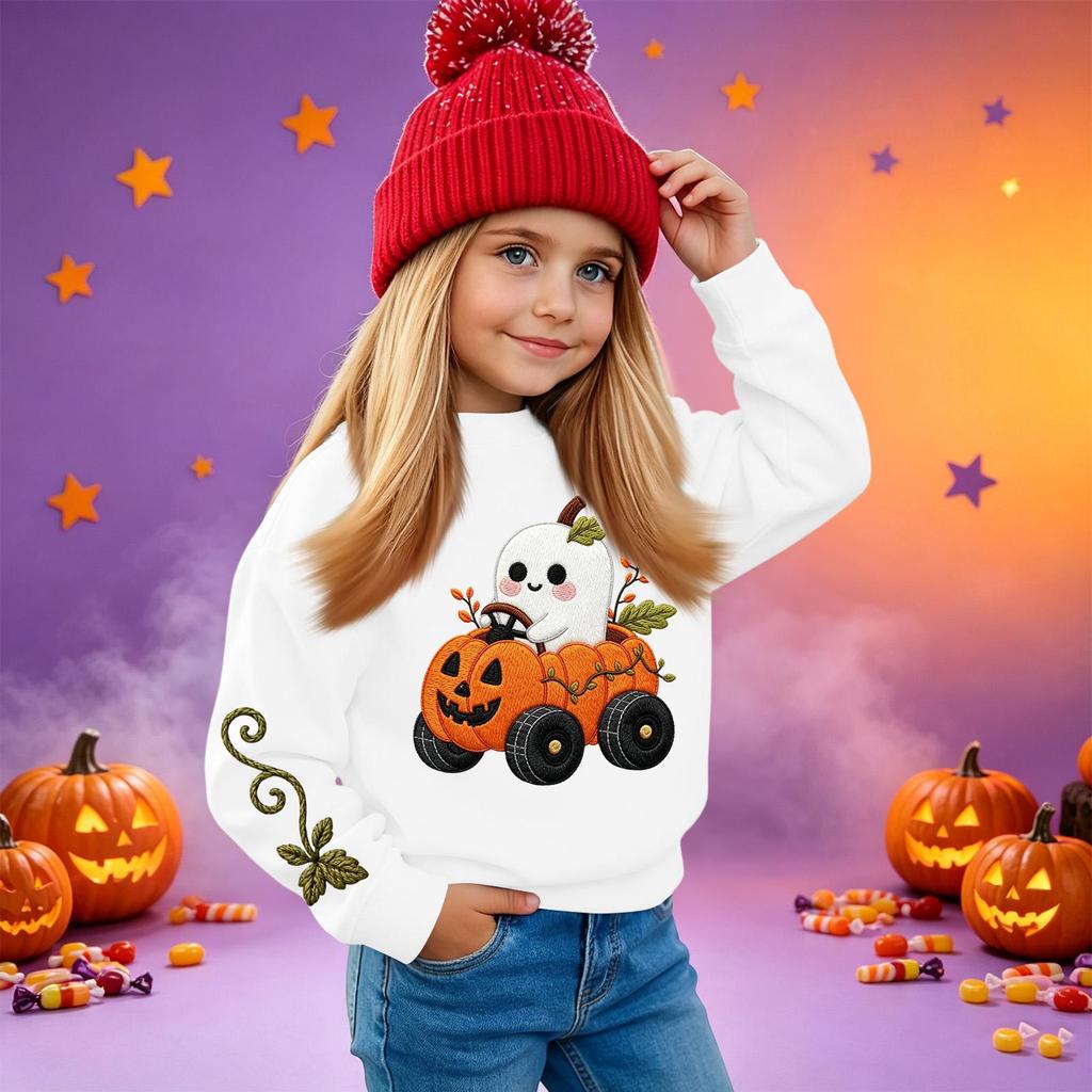 Kids' casual long-sleeved sweatshirt with Halloween print, suitable for holiday parties and everyday wear.