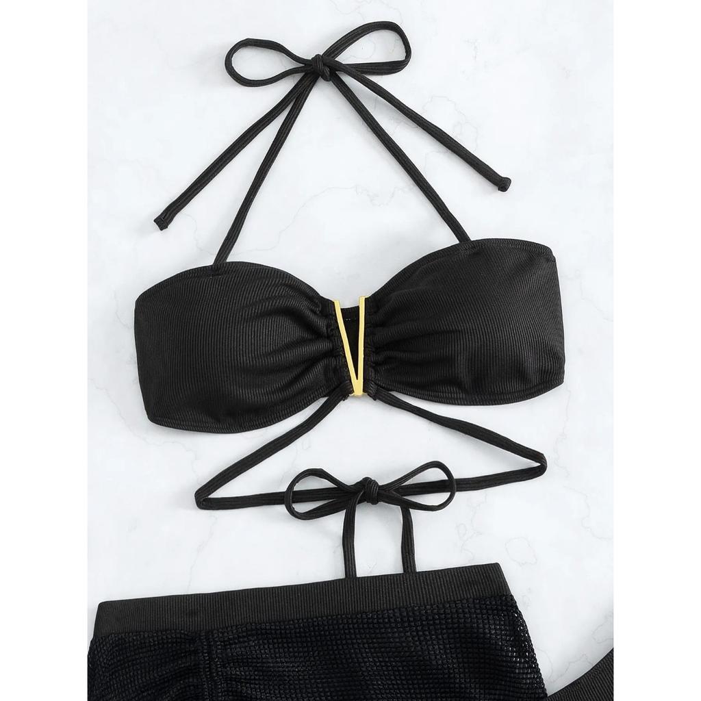 3 Pieces Black V Wire Halter Bikini 2025 Women & Beach Skirt Swimwear Female Swimsuit Solid Beachwear Bathing Swimming Suit