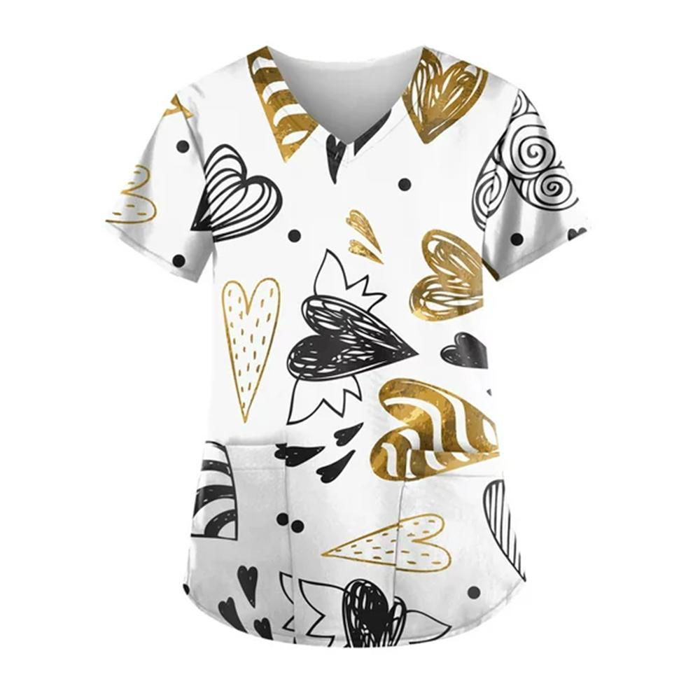 Women Valentines Day Ladies Nurse Uniform Love Print Gradient Short Sleeve Pocket Work Shirt Tunics Carer Medical Nursing Blouse