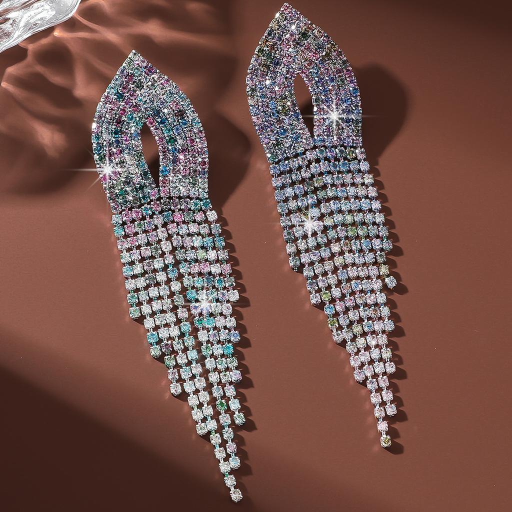 Original Gradual Change Of Color Stud Earrings With Diamonds Exaggerated Earrings Full Of Diamonds Long Earrings