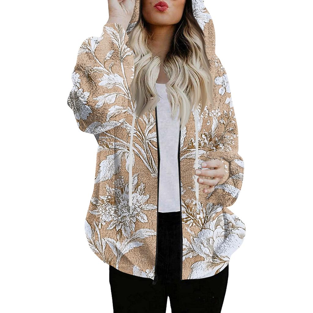 Women's Fashionable Casual Zippered Hooded Floral Printed Drawstring Furry Sweatshirt Jacket