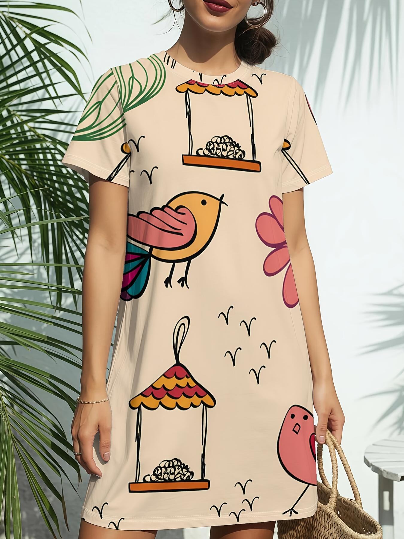 

Women s Bird Cage Print T-Shirt Dress - Short Sleeve Round Neck Casual Dress with Birdcage. Spring Summer Blouse Dress Suitable for Daily Wear. Dates. 3XL дубильна кора