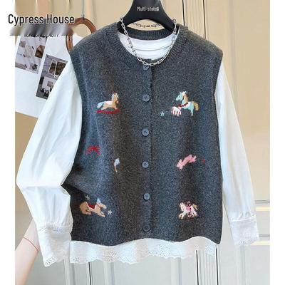 Women's Round Neck Cartoon Pattern Knitted Vest